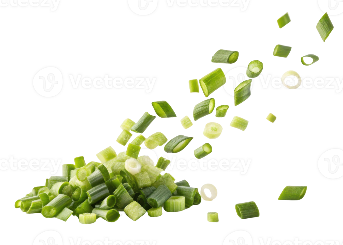 Fresh spring onion slices flying in air with vibrant green color and fresh texture creating lively and appetizing scene for cooking inspiration png