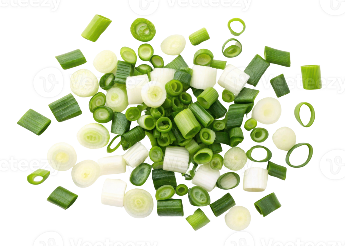 Fresh spring onion slices scattered in vibrant mix of green and white pieces creating lively and fresh culinary ingredient for cooking png