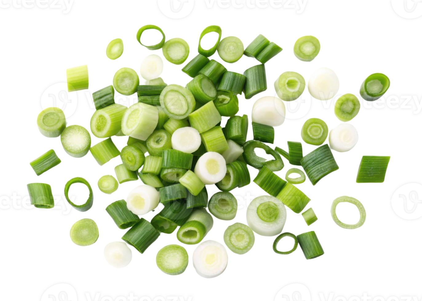 Fresh spring onion slices scattered on transparency background showing vibrant green and white colors with fresh and healthy feel png