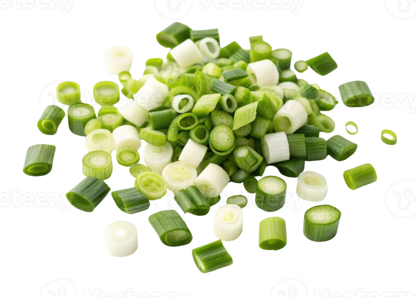 Fresh spring onion slices are scattered beautifully showing vibrant green and white colors with fresh and healthy appeal png