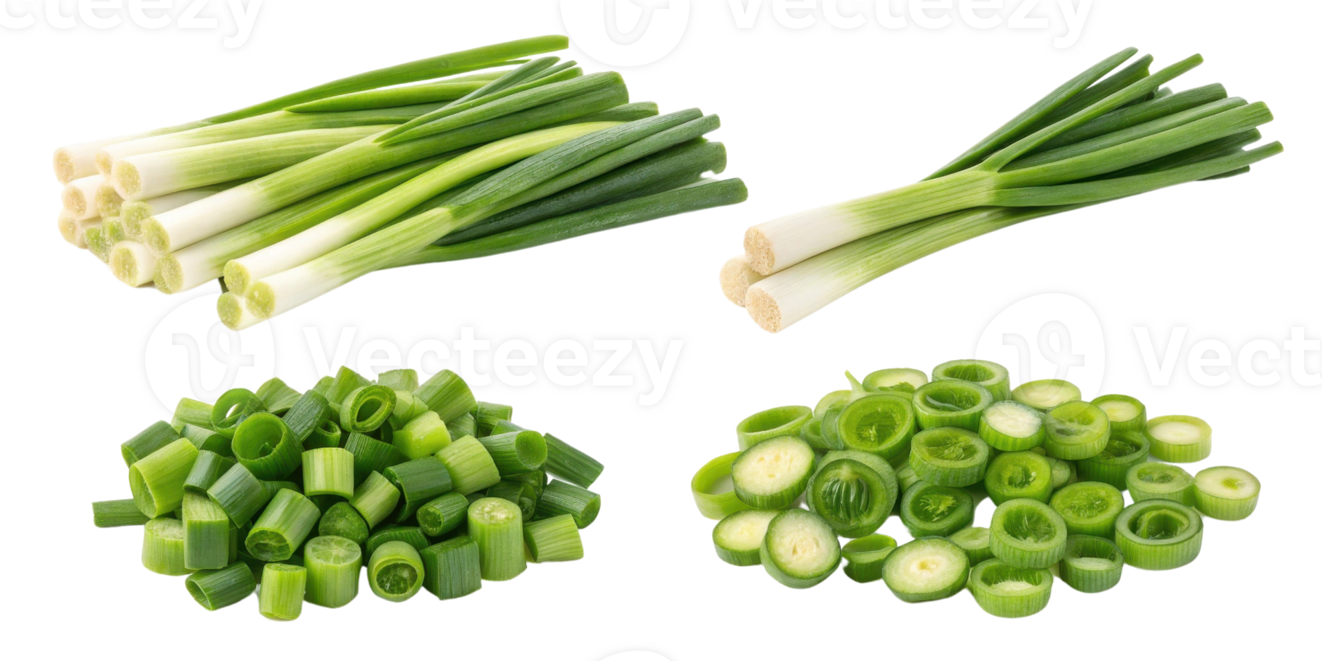 Spring onion fresh green vegetable whole and sliced in different styles for cooking and healthy food preparation png