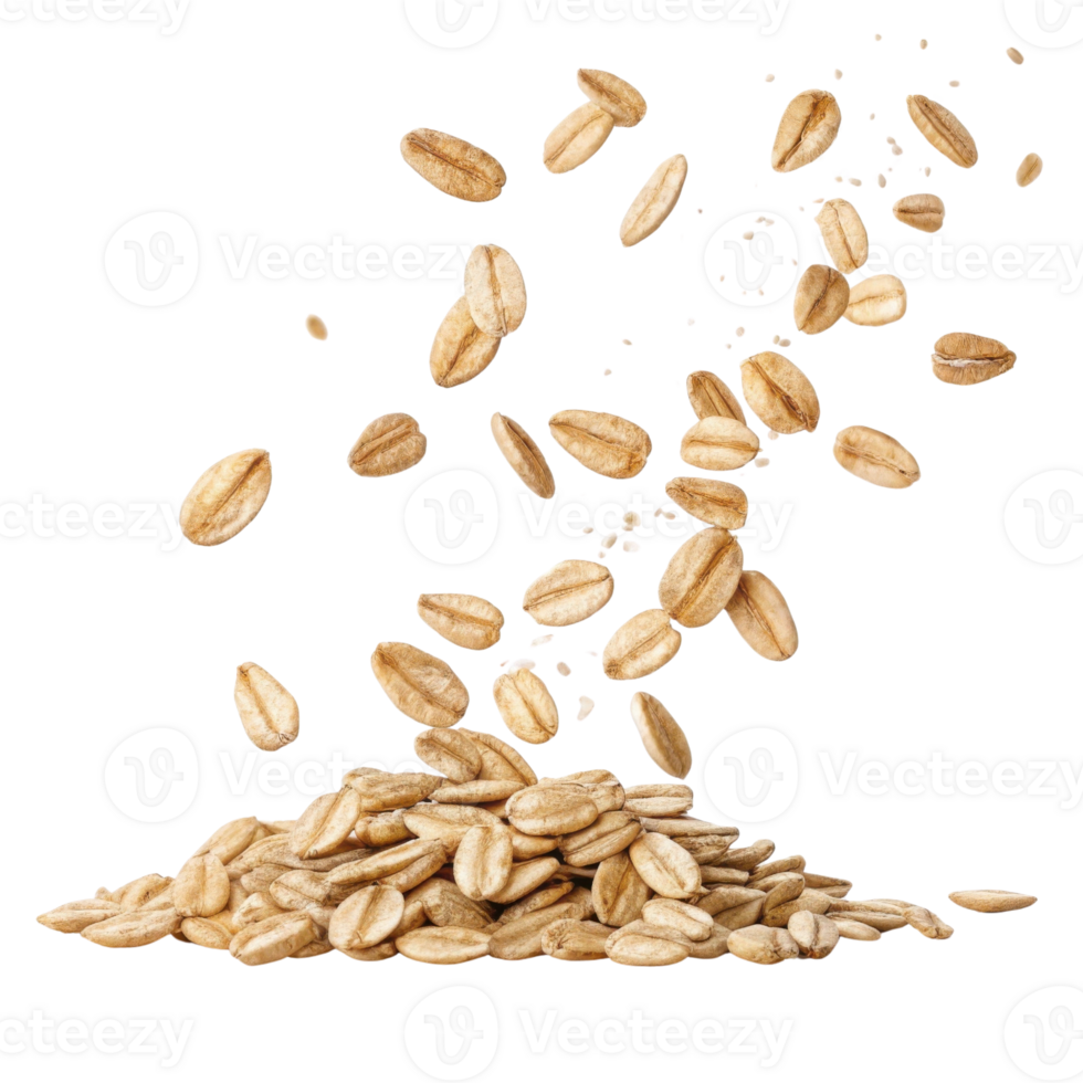 Instant oat grains cutout falling in pile isolated on transparency background for healthy breakfast or cooking ingredient png