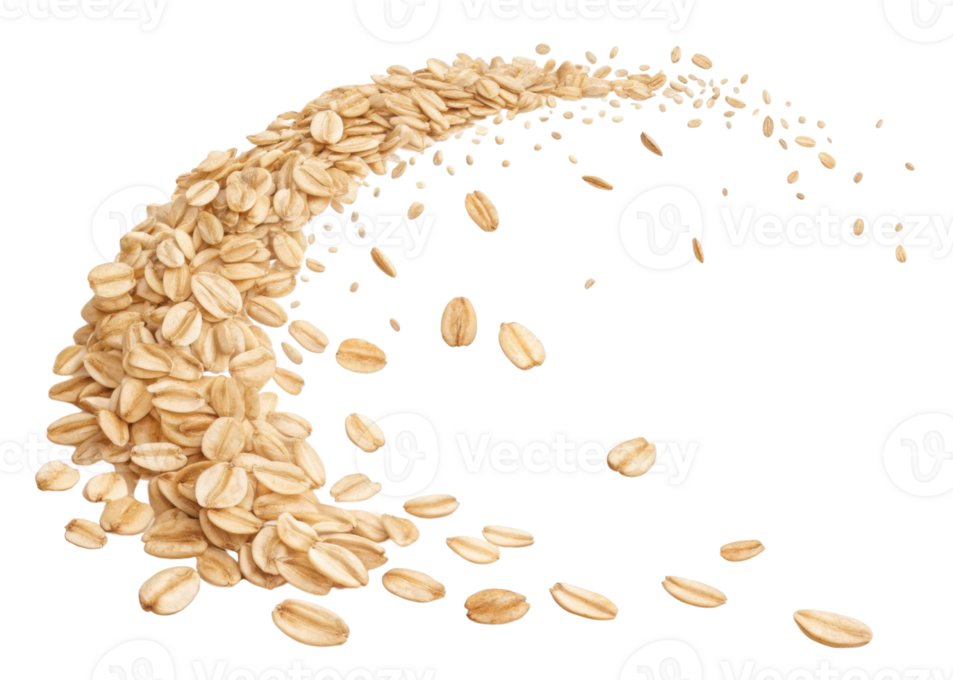 Instant oat flakes cutout isolated on transparent background with flying oat grains in motion swirl png