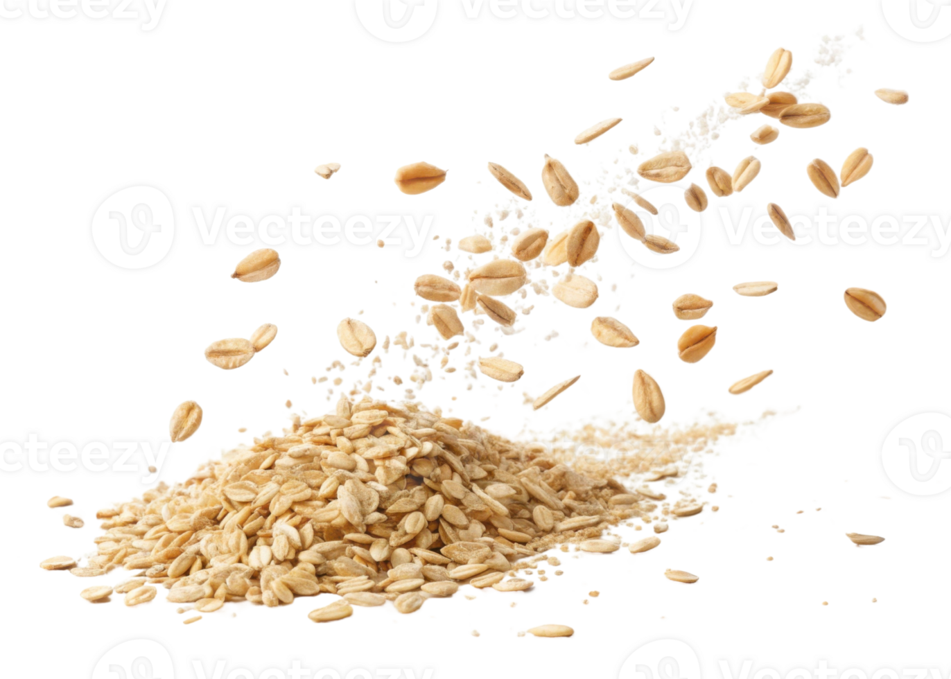 Instant oat flakes with cutout isolated on transparent background flying and falling in motion with natural texture and healthy food concept png