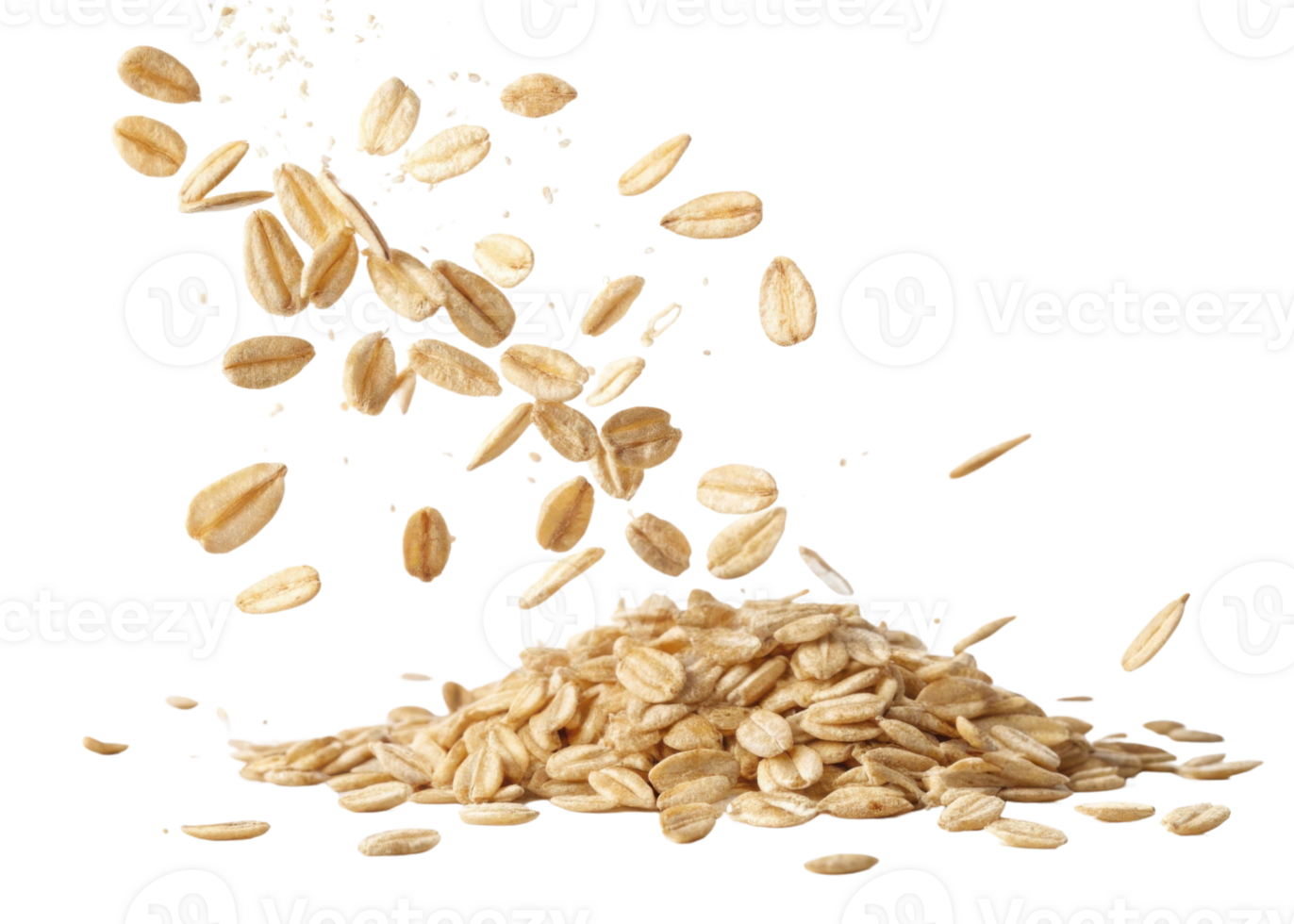 Instant oat flakes cutout isolated on transparency background with flying grains and pile for healthy breakfast food png