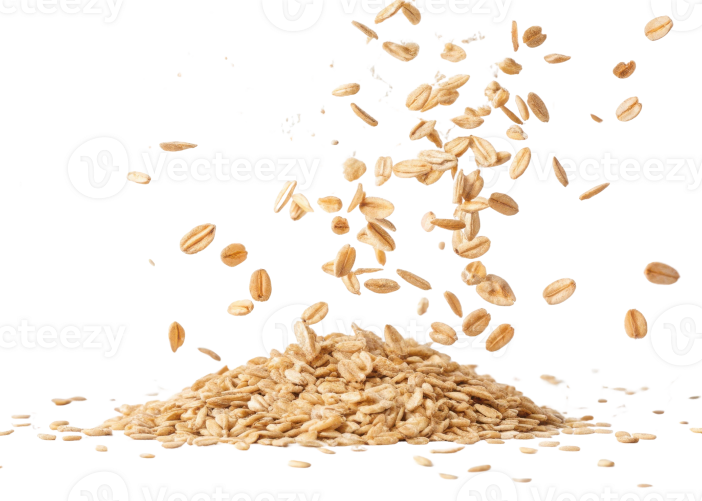 Instant oat flakes falling in cutout style isolated on transparency background creating natural and healthy food concept with dynamic motion png