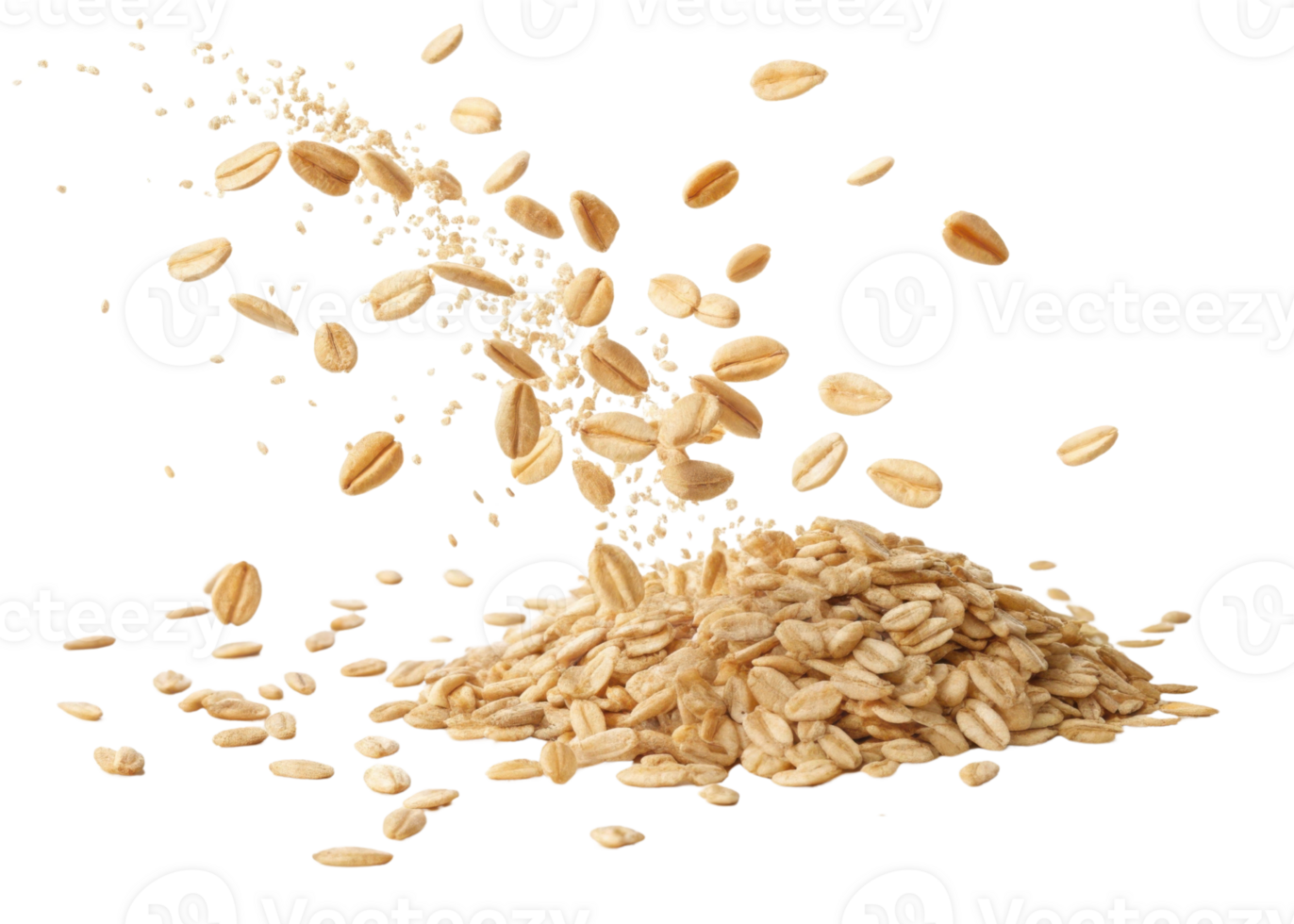 Instant oat flakes flying and cutout isolated on transparent background with healthy cereal grains in motion png