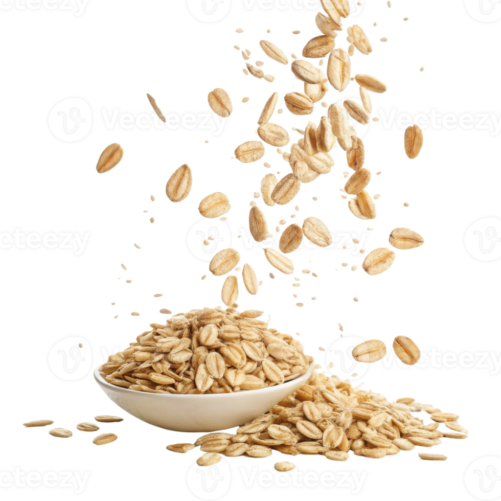 Instant oat flakes falling into white bowl with cutout background showing healthy natural grain for breakfast or cooking use png
