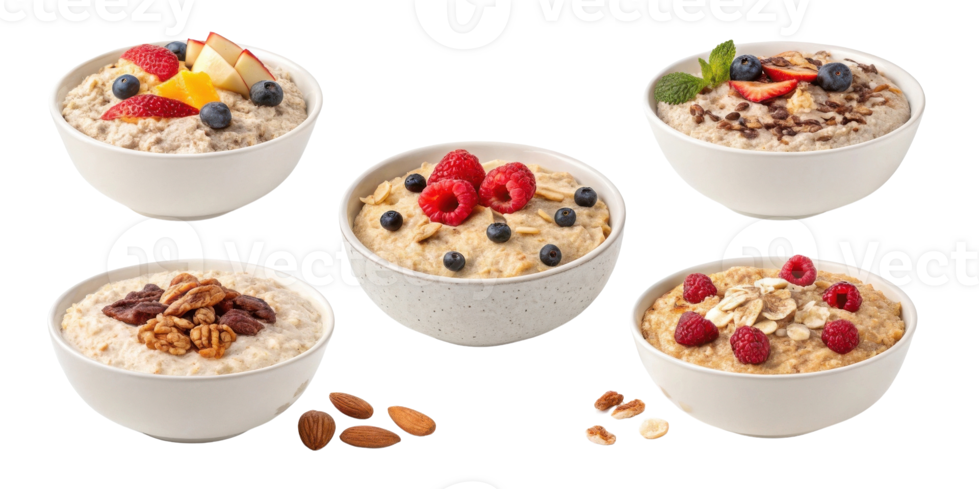 Instant oat bowls with cutout background feature fresh berries nuts and seeds for healthy breakfast option full of flavor and nutrition png