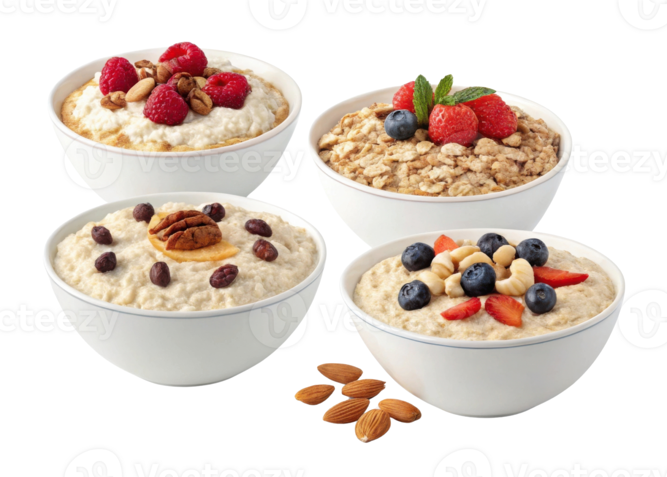 Instant oat bowls with cutout background show healthy breakfast options topped with fresh berries nuts and seeds for nutritious start png