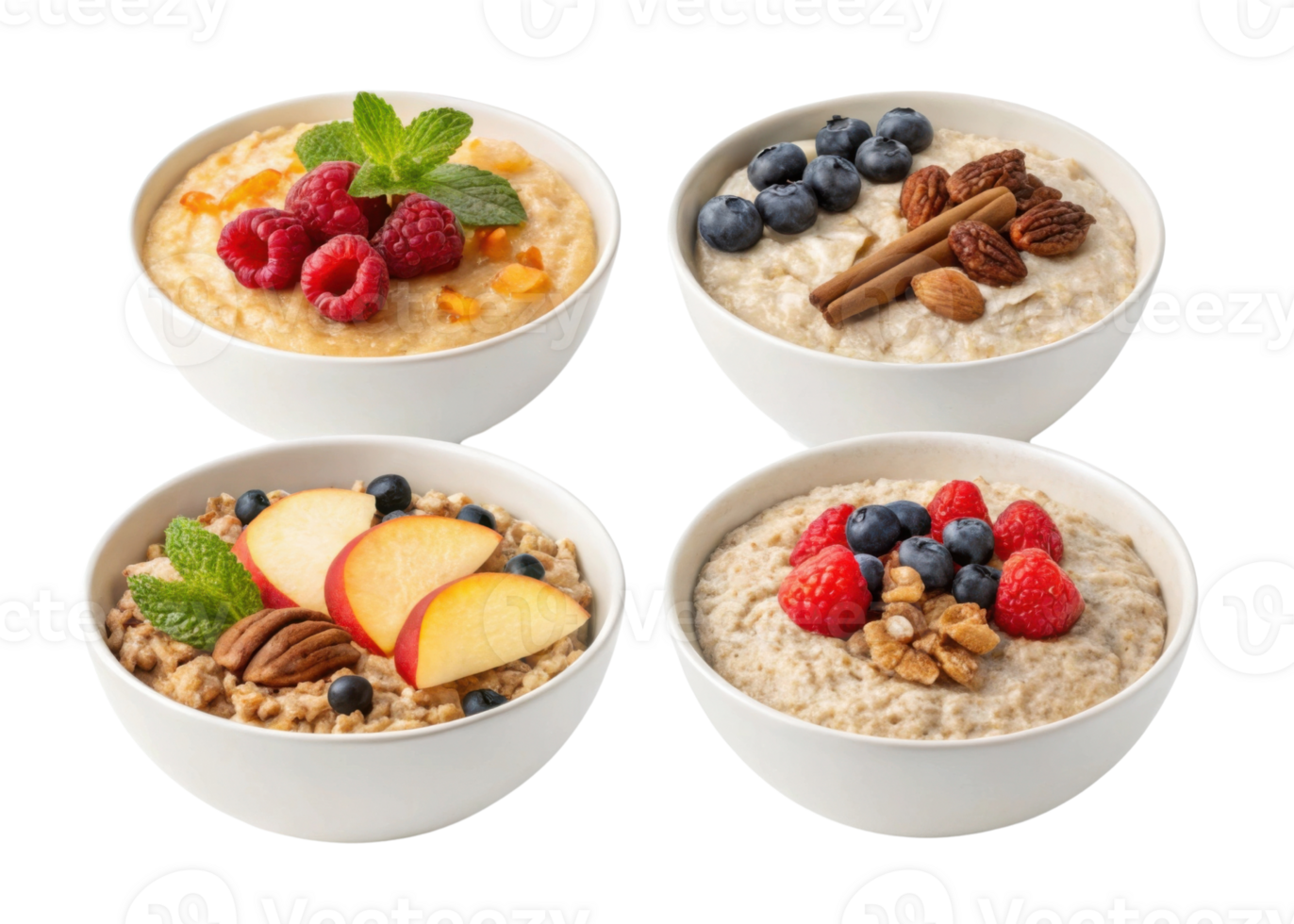 Instant oat bowls with cutout background topped with fresh raspberries, blueberries, nuts, cinnamon, peach slices, and mint leaves for healthy png