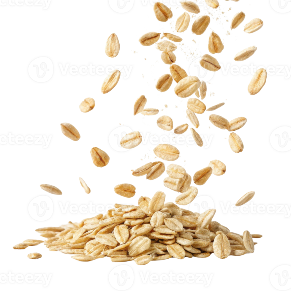 Instant oat flakes falling in cutout style isolated on transparency background showing healthy natural grain food for breakfast or cooking png