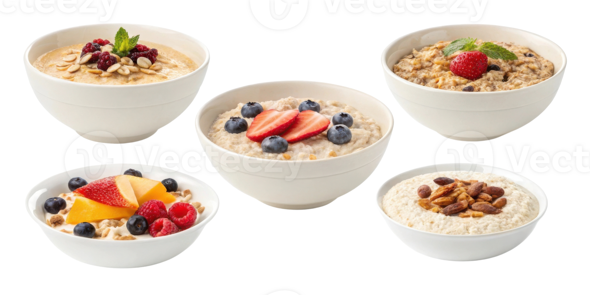 Instant oat bowls with cutout background show healthy breakfast options topped with fresh fruit nuts and berries in white ceramic bowls png