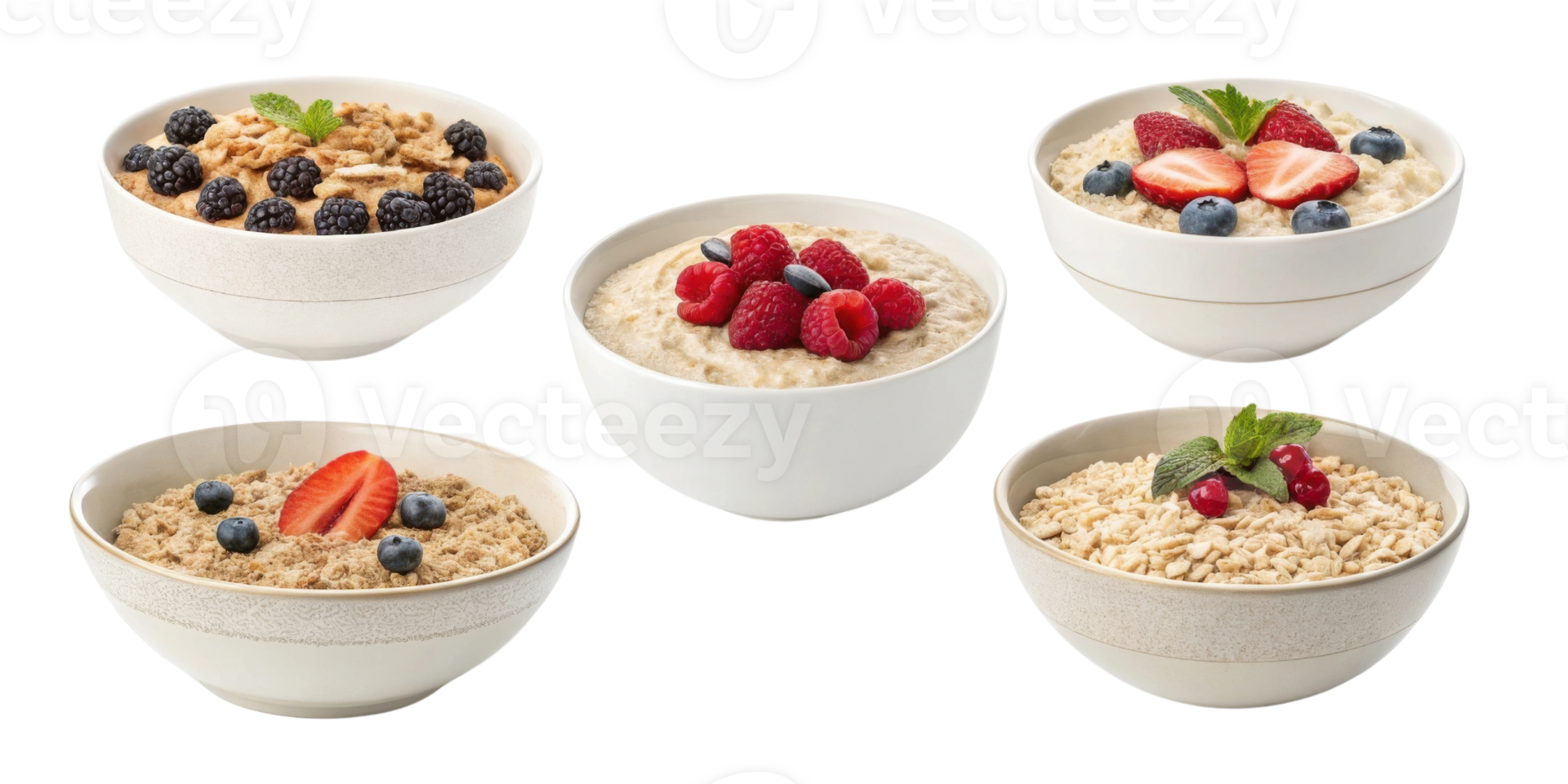 Instant oat bowls with cutout backgrounds feature fresh berries and nuts for healthy breakfast option full of vibrant colors and natural textures png
