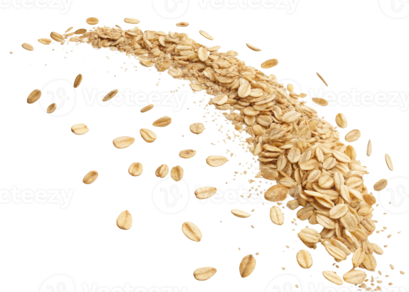 Instant oat flakes flying in dynamic cutout style isolated on transparent background with natural texture and healthy grain appeal png
