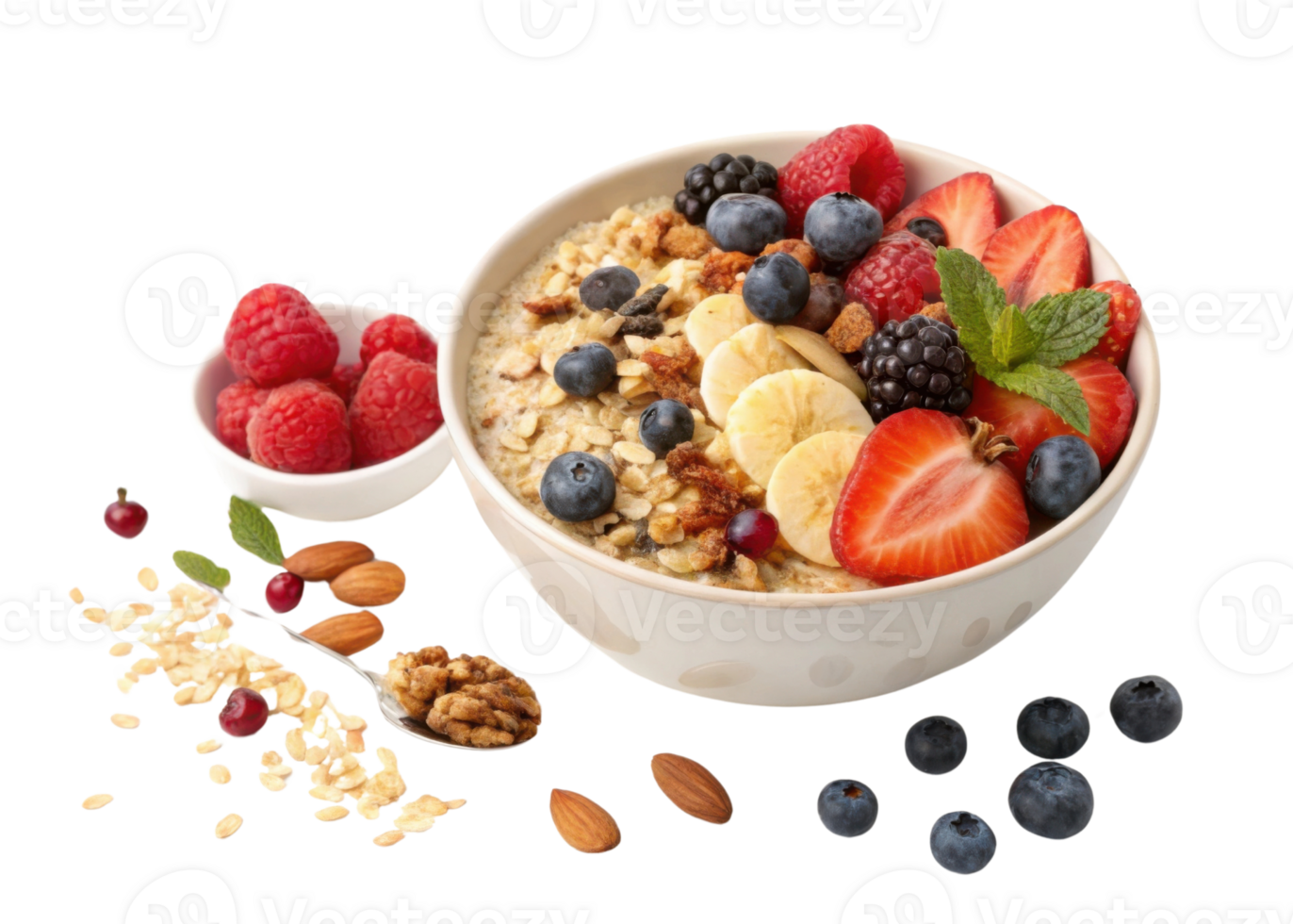 Instant oat bowl with cutout fresh berries banana and nuts for healthy breakfast full of vibrant colors and natural ingredients png