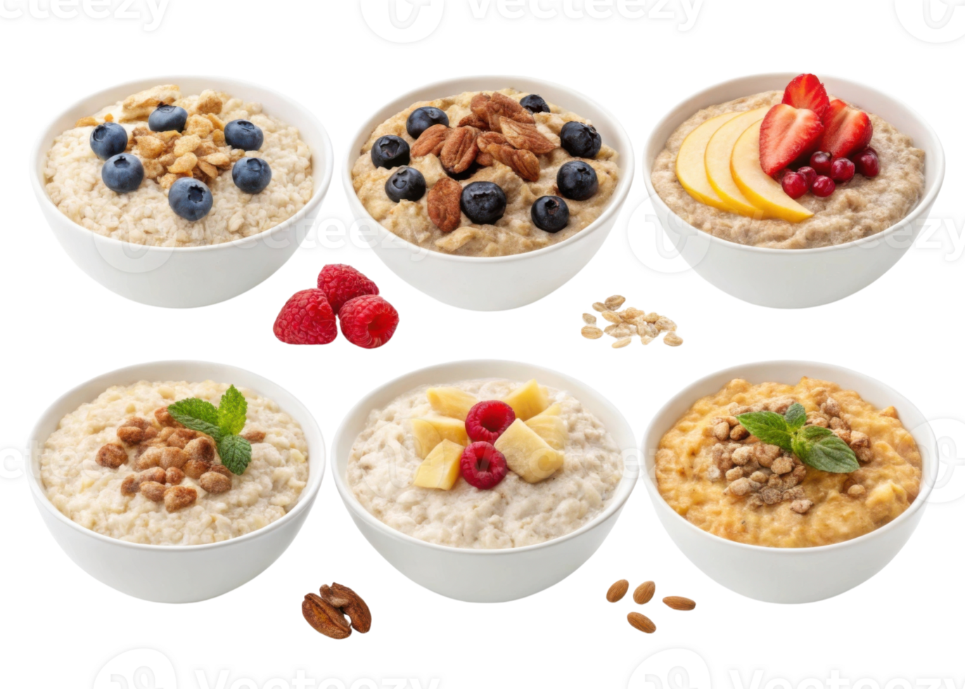 Instant oat bowls with cutout background show healthy breakfast options topped with fresh fruit nuts and granola for nutritious start to day png