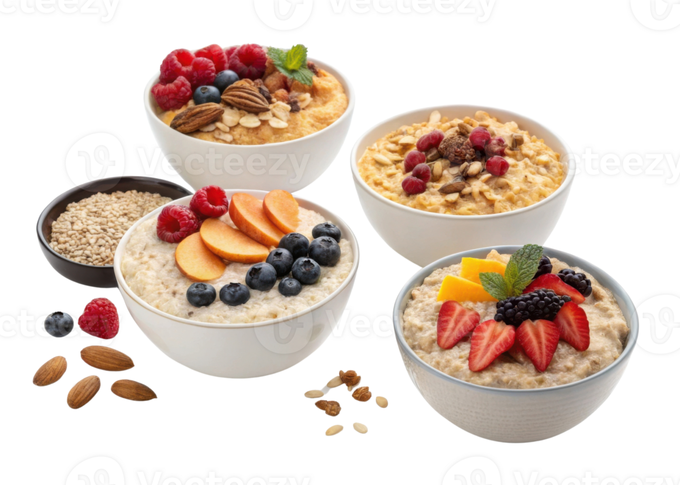 Instant oat bowls with fresh fruit and nuts cutout on transparency background showing healthy breakfast options png