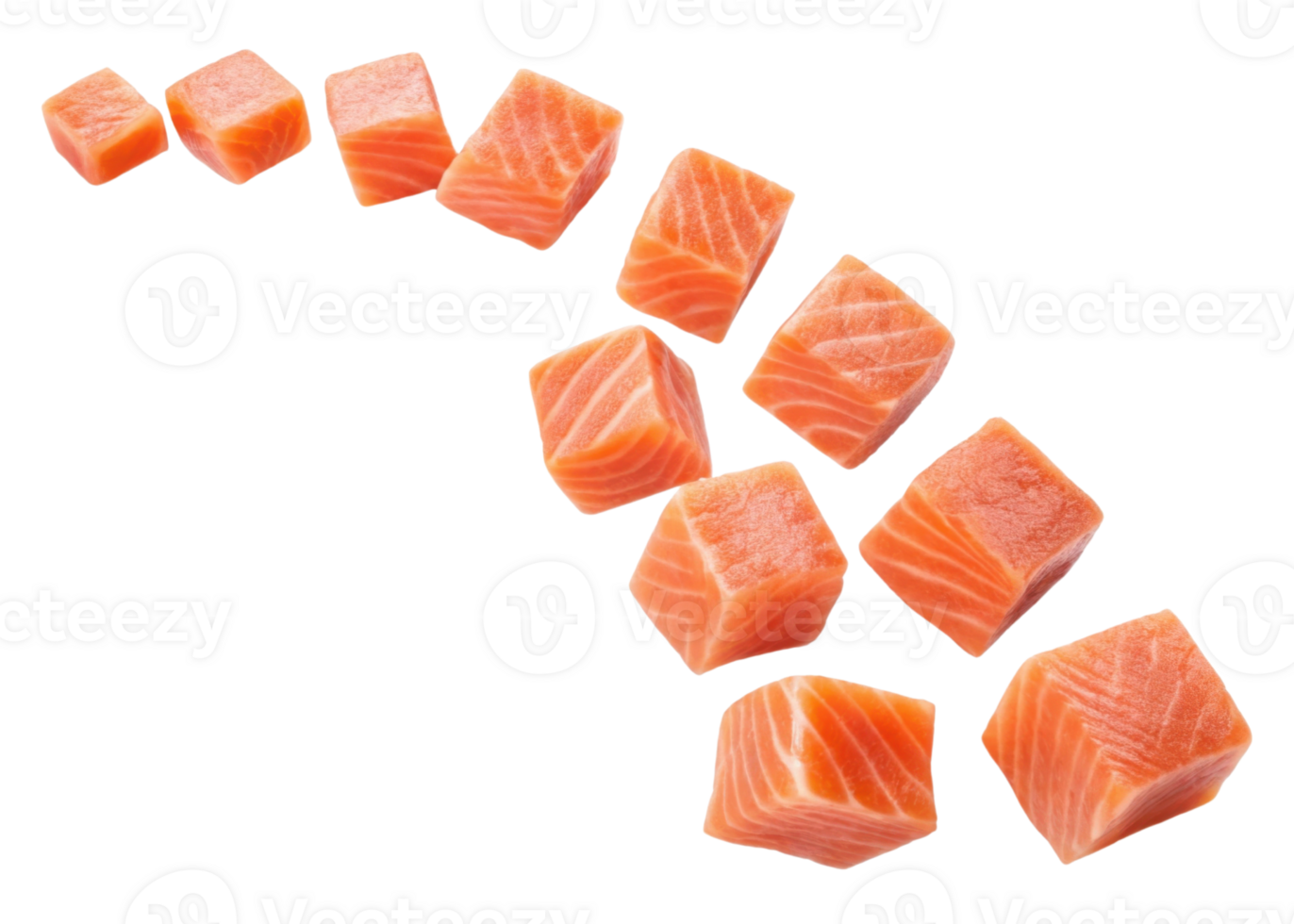 Fresh salmon cubes arranged in flowing pattern showing vibrant orange color and texture of raw fish for cooking or sushi preparation png
