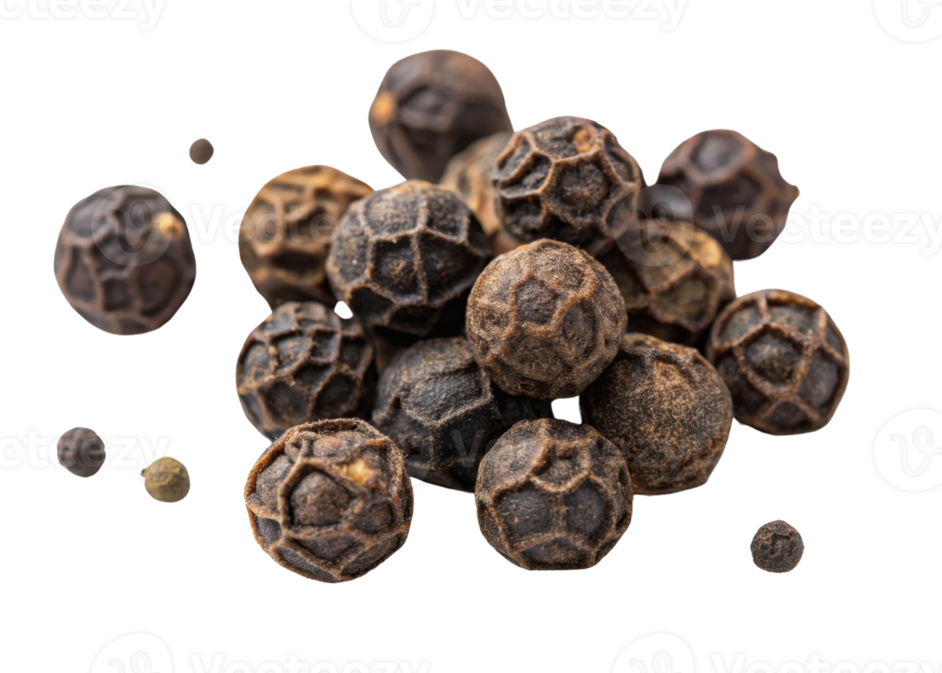 Black peppercorn cutout with detailed texture isolated on transparent background showing natural spice in close up png