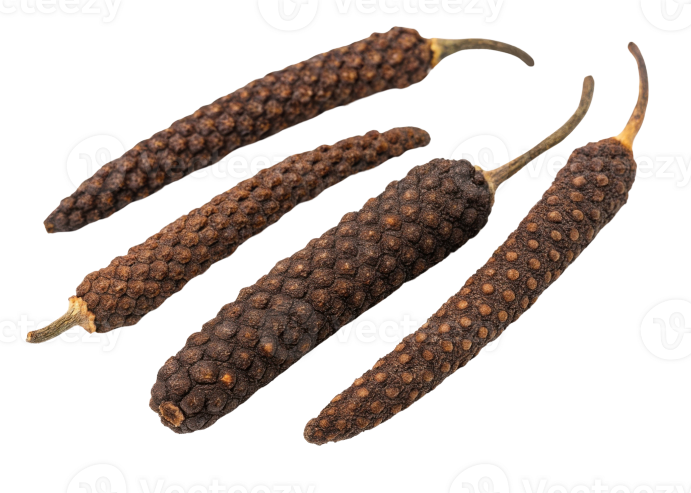 Long peppercorn cutout image showing four dried brown spice pods with textured surface perfect for culinary use and seasoning png