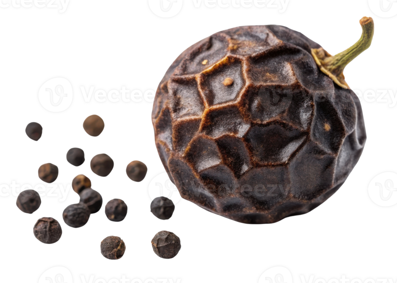 Black peppercorn closeup with cutout isolated on transparency background showing detailed texture and natural dried spice for cooking and seasoning png