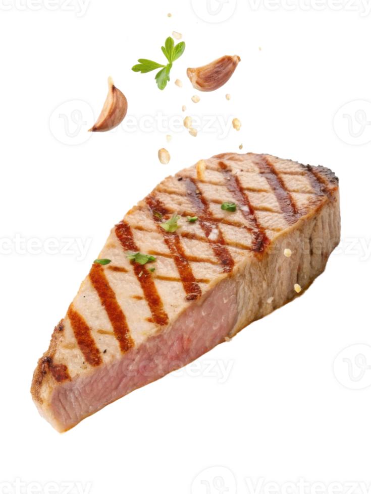 Grilled tuna steak with garlic and herbs seasoning fresh and delicious seafood meal with tender texture and appetizing presentation png
