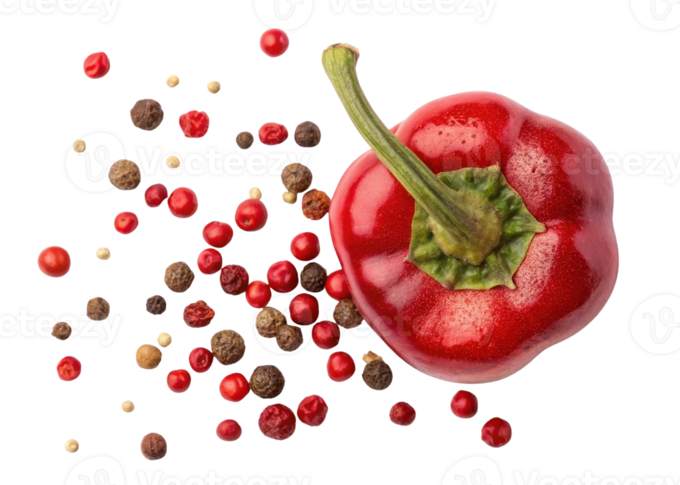 Red peppercorn and cutout chili with scattered peppercorns isolated on transparency background for spicy food design png