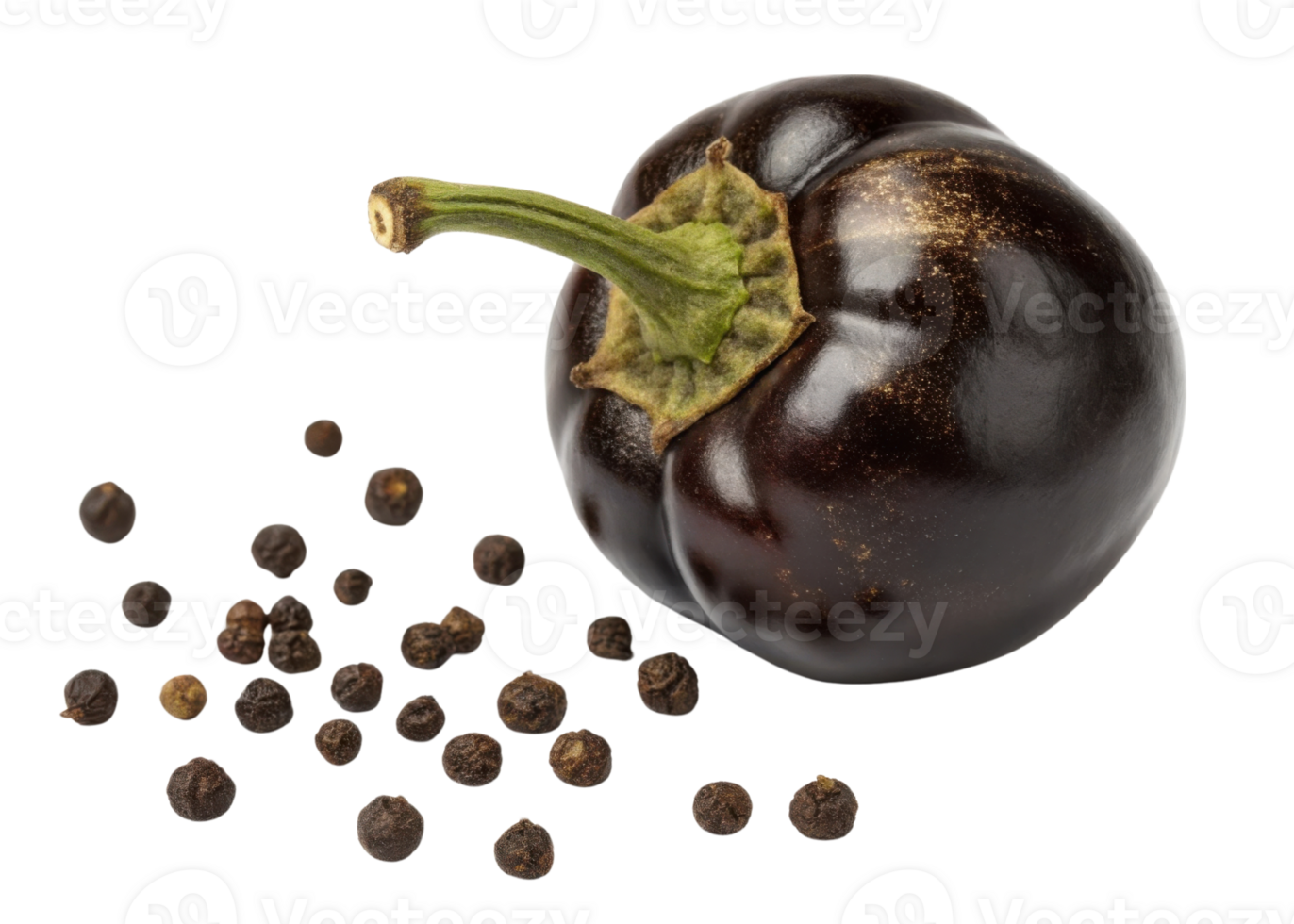 Black peppercorn and fresh pepper cutout with stem isolated on transparency background for cooking and seasoning use png