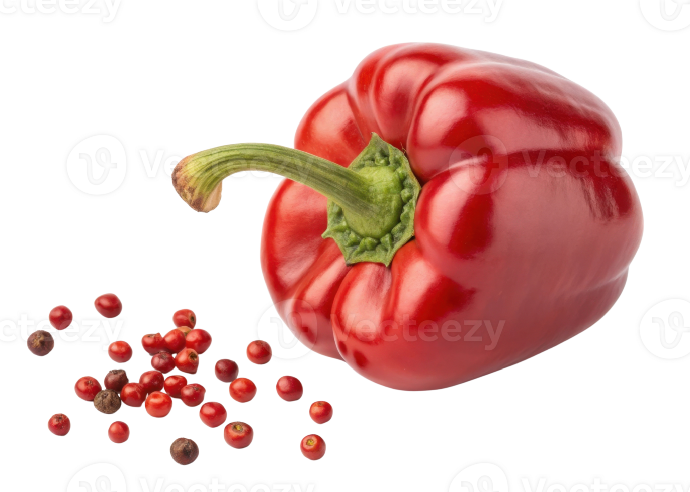Vibrant red bell pepper with green stem and scattered peppercorns on transparency background in cutout style for fresh food design png