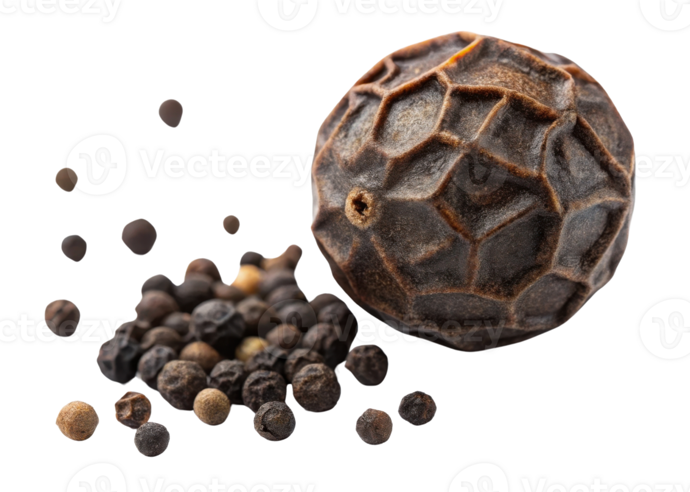 Black peppercorn closeup with cutout isolated on transparency background showing detailed texture and natural color in clean composition png