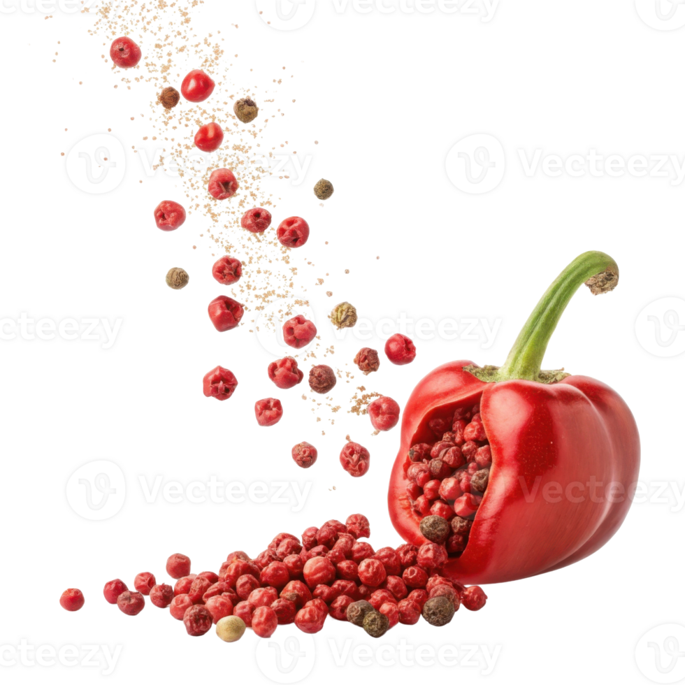 Red peppercorn spilling from cutout red pepper with scattered peppercorns and spices creating dynamic and flavorful composition png