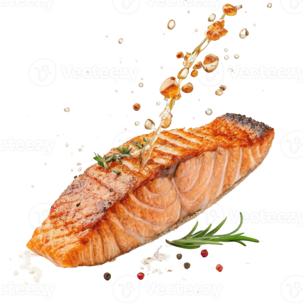 Grilled salmon fillet with herbs and oil splash fresh salmon cooked to perfection with crispy skin and tender juicy texture for delicious meal png