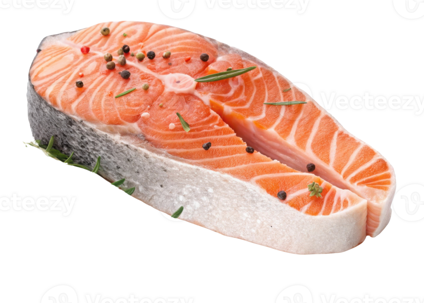Salmon steak with fresh herbs and peppercorns ready for cooking or grilling with vibrant orange color and natural texture png