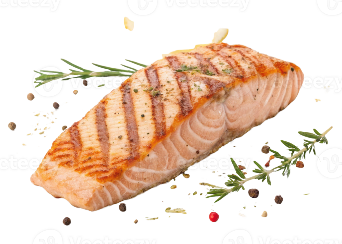 Grilled salmon fillet with herbs and peppercorns seasoned and cooked to perfection with delicious golden crust and tender pink flesh png