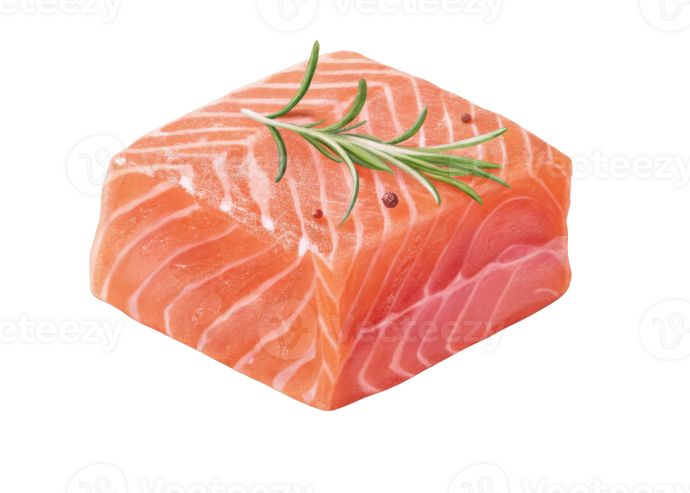 Fresh salmon fillet with rosemary and peppercorns on top showing vibrant salmon color and texture png