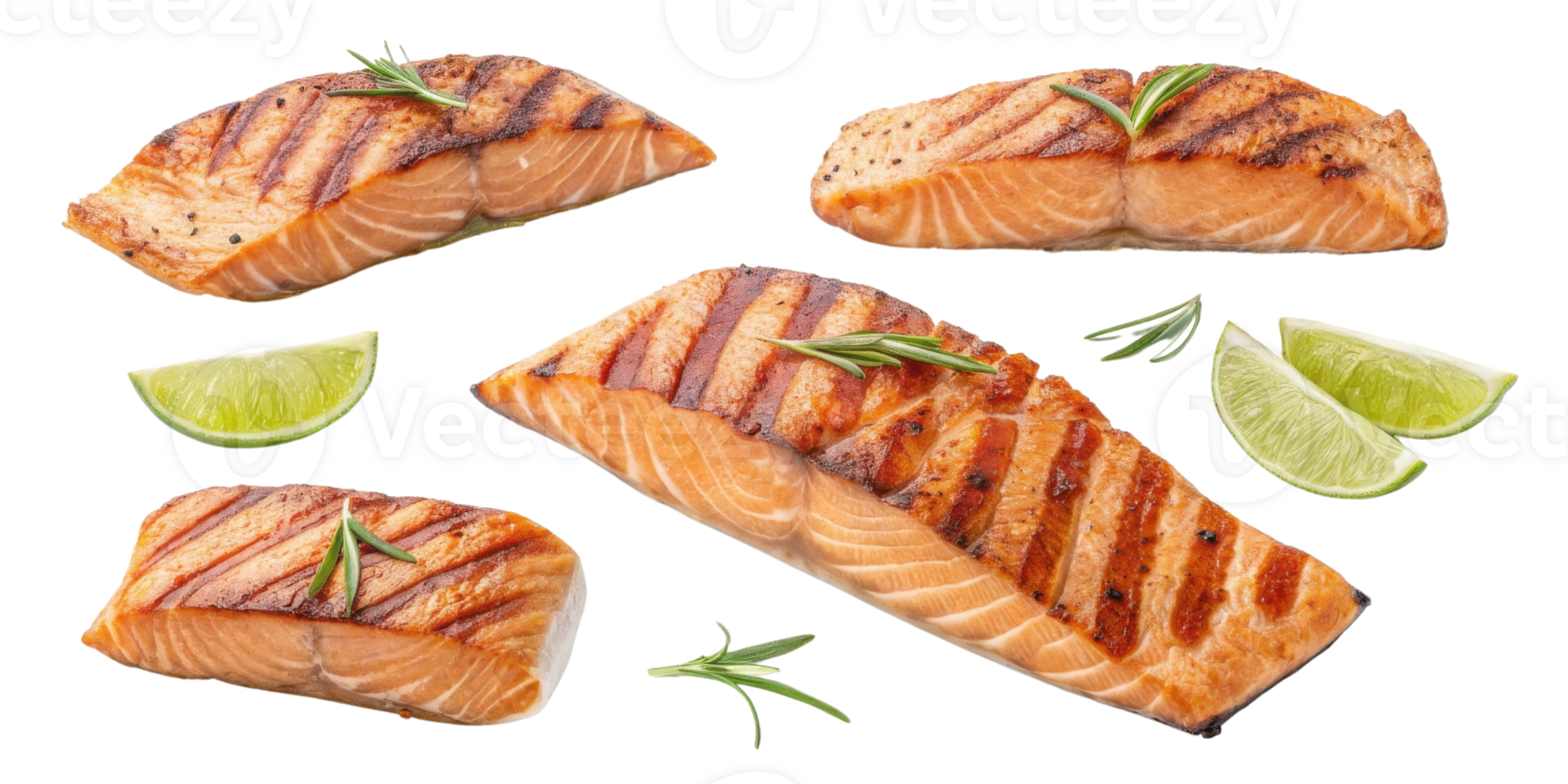 Grilled salmon fillet with lime wedge and rosemary garnish fresh and delicious seafood meal with healthy and appetizing look png