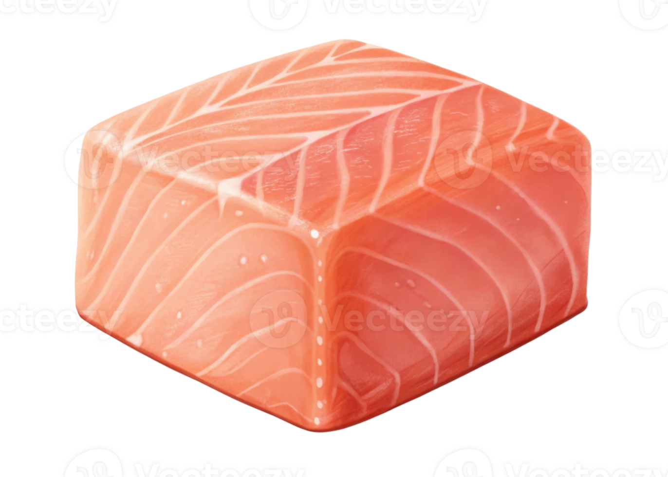 Salmon cube with fresh texture and natural pink color showing detailed fish muscle pattern in clean isolated view png