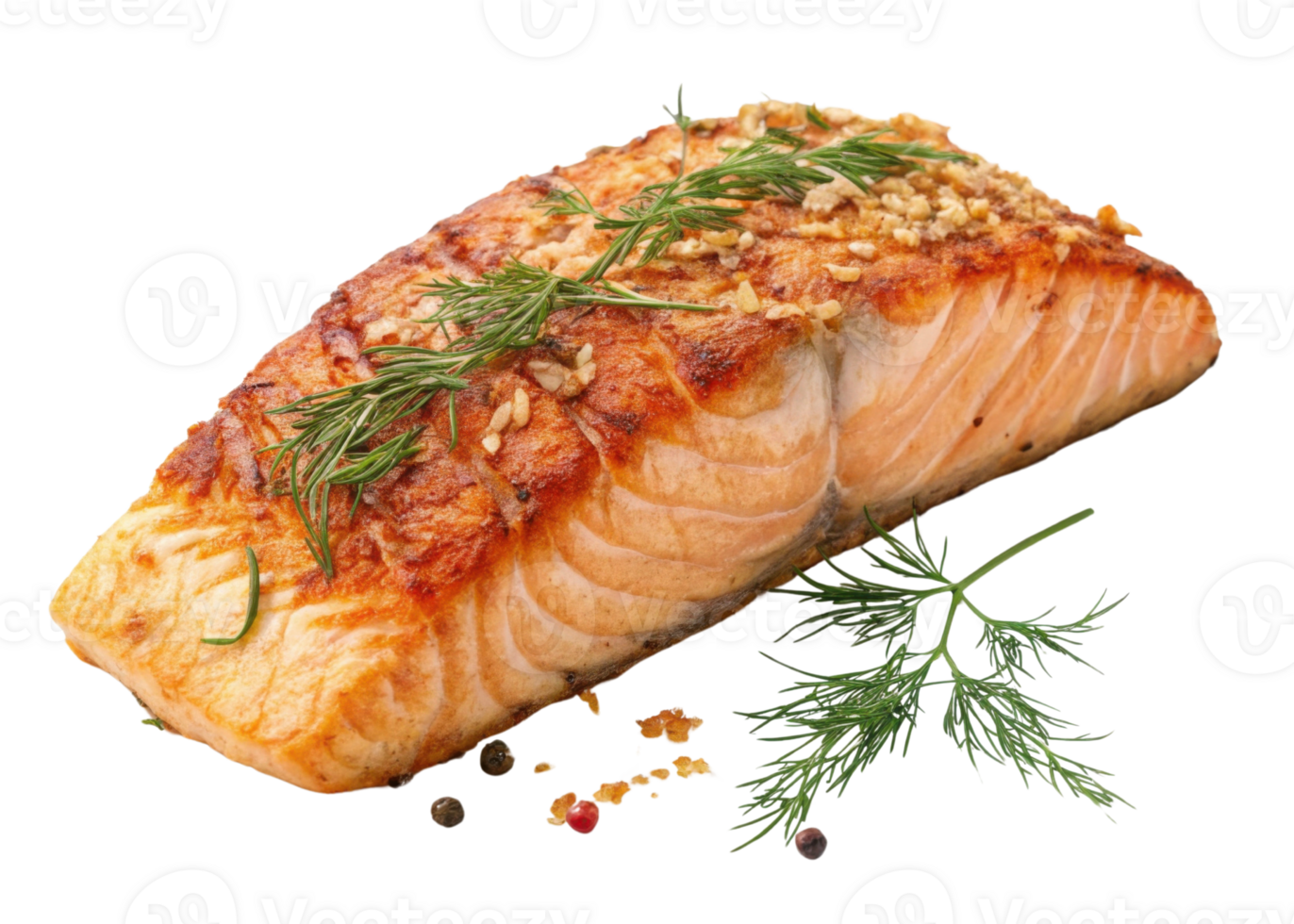 Grilled salmon fillet with fresh dill and crushed peppercorns served as delicious and healthy meal with vibrant salmon color and texture png