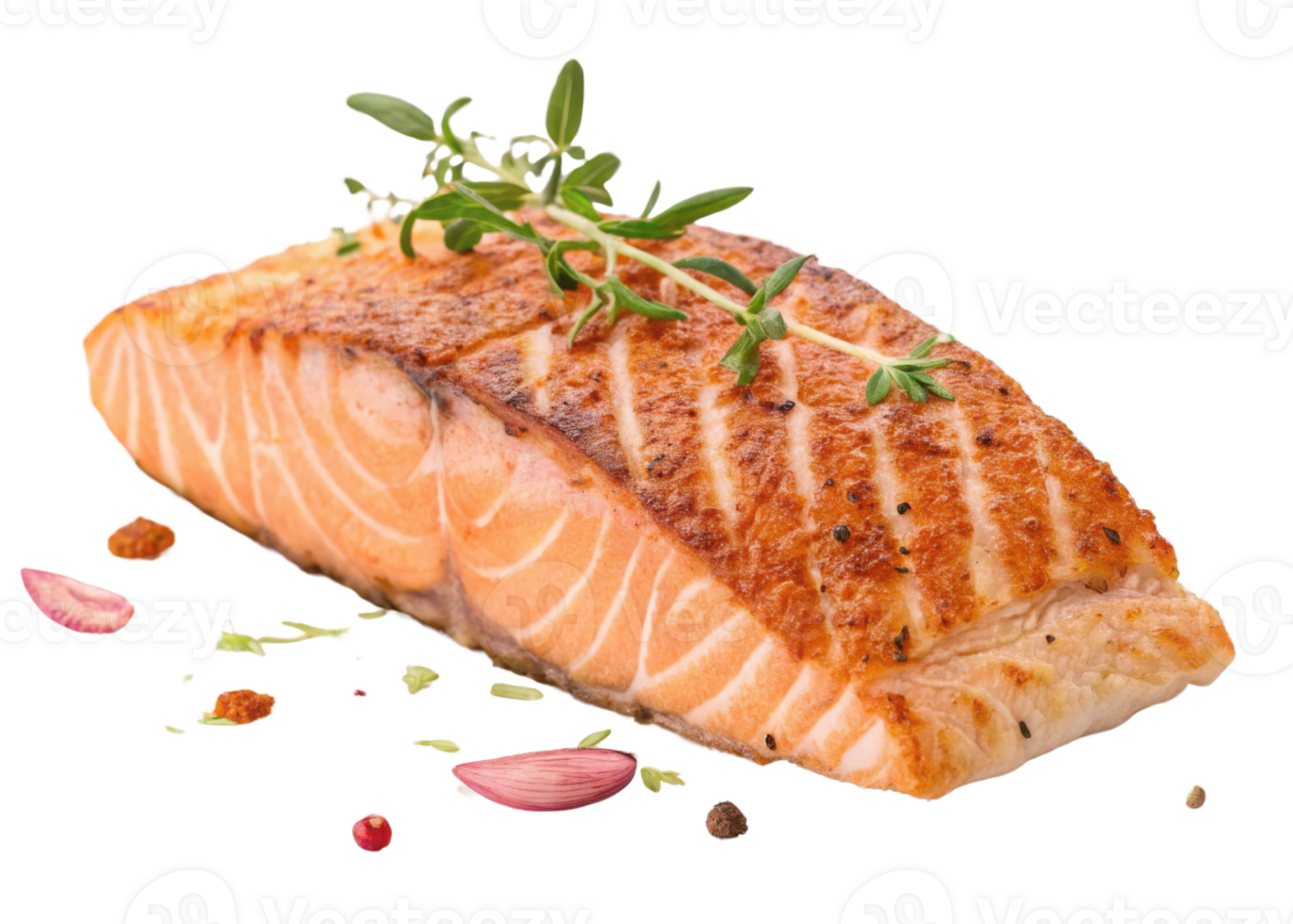 Grilled salmon fillet with herbs and spices on transparency background fresh salmon cooked with crispy texture and vibrant color png