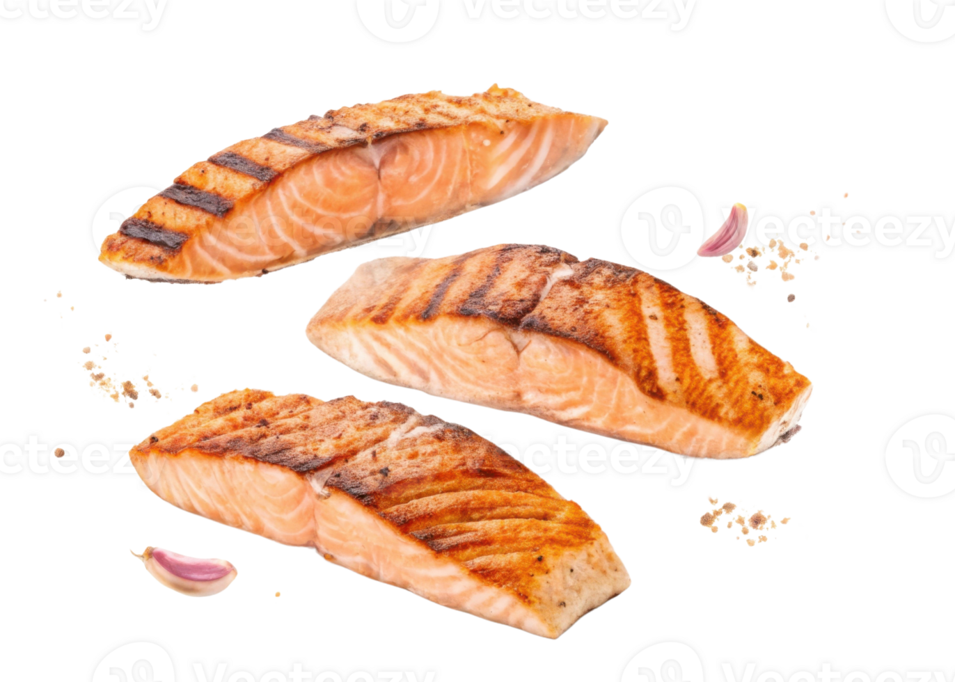 Grilled salmon fillet with garlic and seasoning isolated transparency background showing fresh cooked fish with crispy texture and delicious flavor png