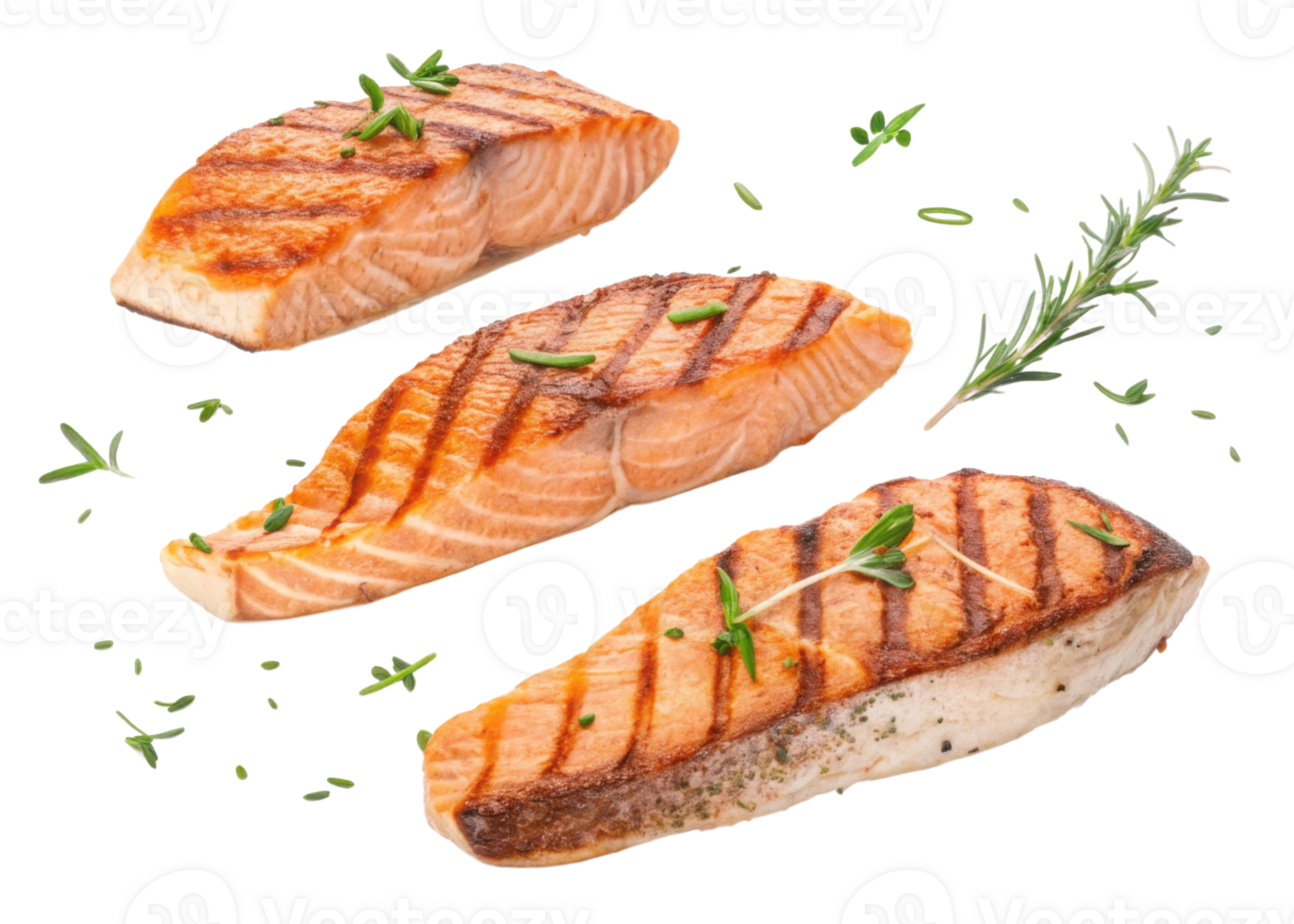 Grilled salmon fillet with fresh herbs and spices, showcasing delicious and healthy meal with vibrant salmon color and appetizing texture png