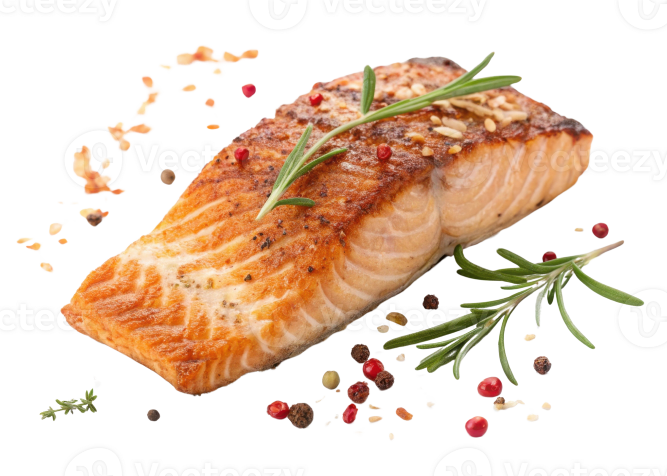 Grilled salmon fillet seasoned with herbs and spices garnished with rosemary and peppercorns for delicious meal. salmon grilled fillet herb spice png