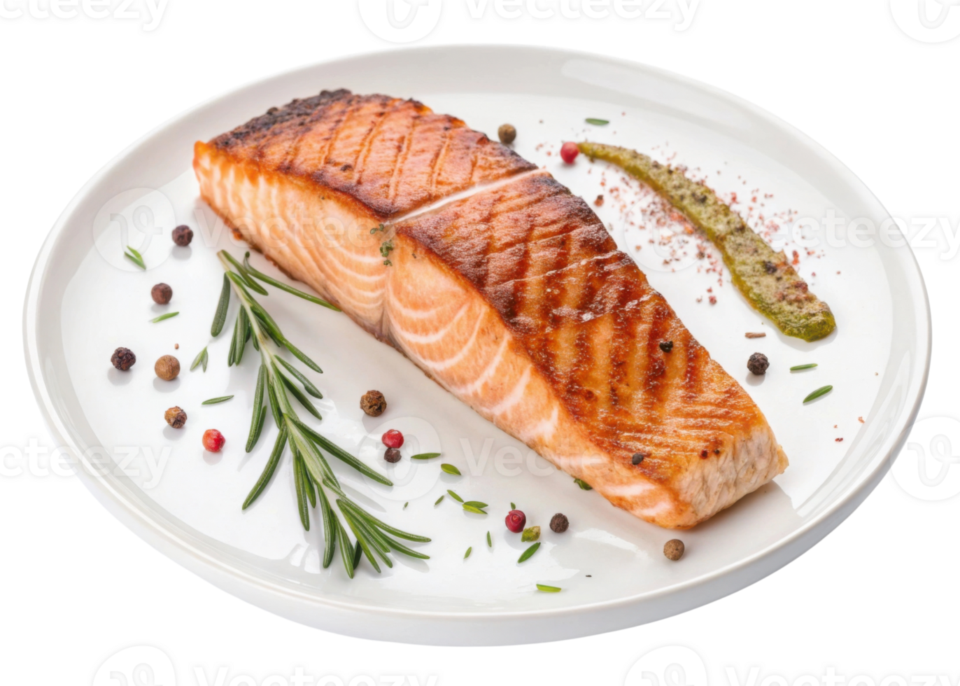 Grilled salmon fillet served on white plate with fresh rosemary and peppercorns creating delicious and appetizing meal presentation png