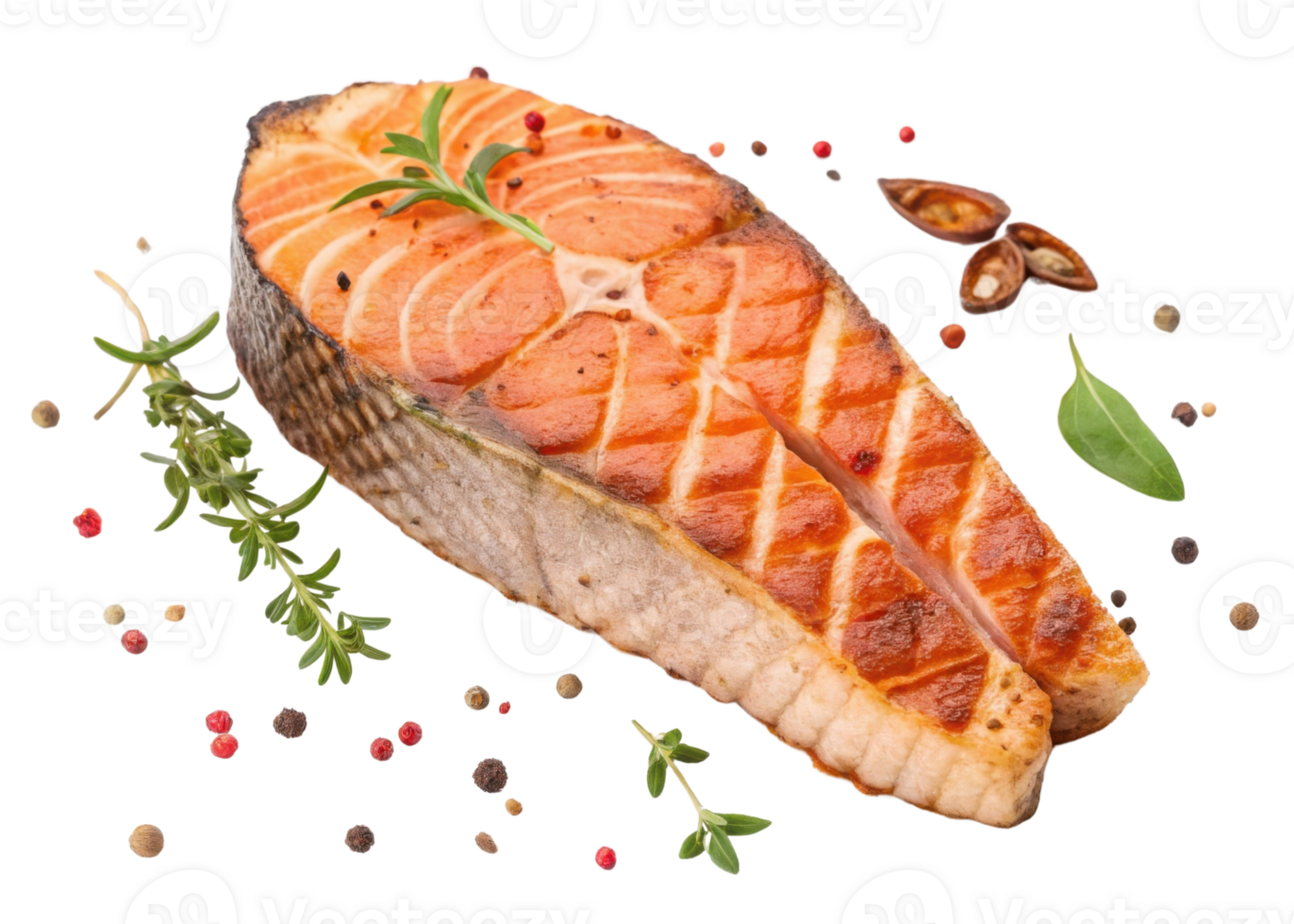Grilled salmon steak with fresh herbs and peppercorns creating delicious and healthy meal with vibrant salmon color and appetizing texture png