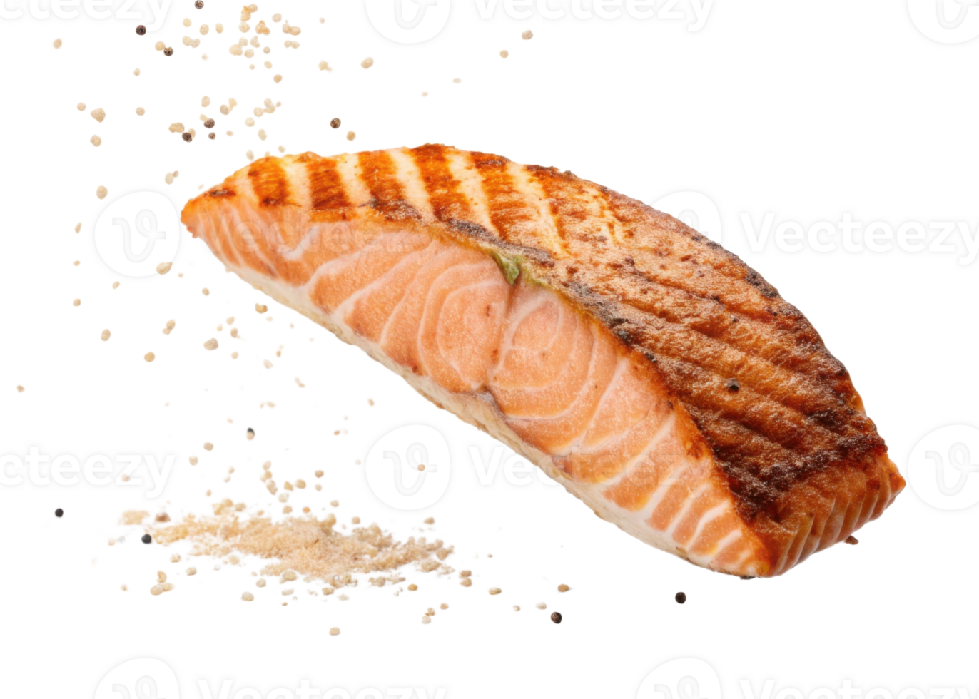 Grilled salmon fillet with crispy skin and tender pink flesh sprinkled with seasoning creating delicious and appetizing seafood dish png