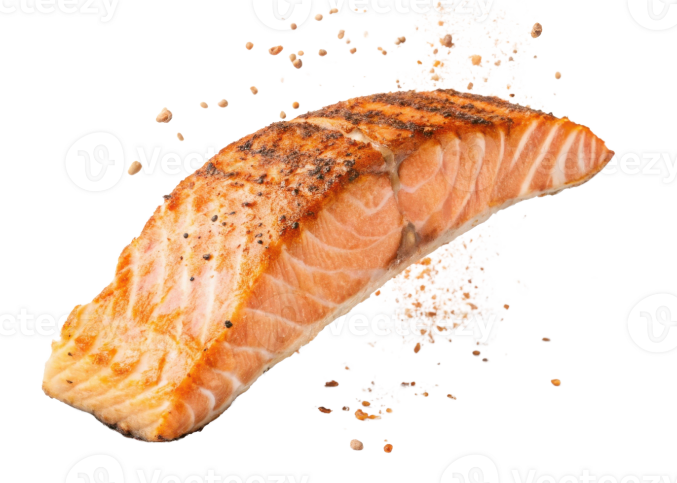 Grilled salmon fillet with seasoning and spices sprinkled around, showcasing delicious and healthy seafood meal with crispy texture png