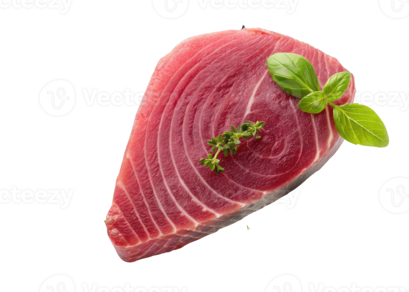 Fresh tuna steak with green basil and thyme leaves on top ready for cooking or serving png