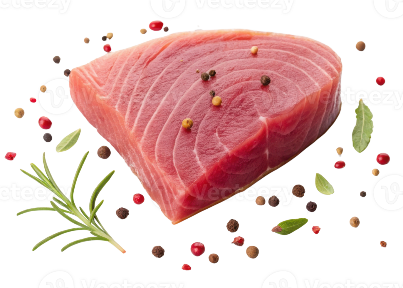 Fresh tuna steak surrounded by peppercorns and herbs ready for cooking with vibrant colors and natural texture png
