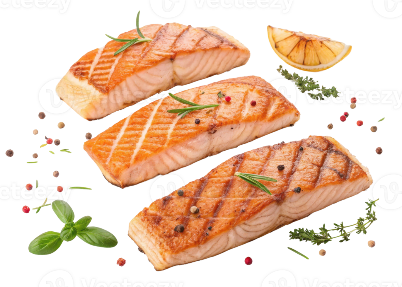 Grilled salmon fillet with herbs and lemon slice served with peppercorns and fresh rosemary creating delicious and healthy meal png